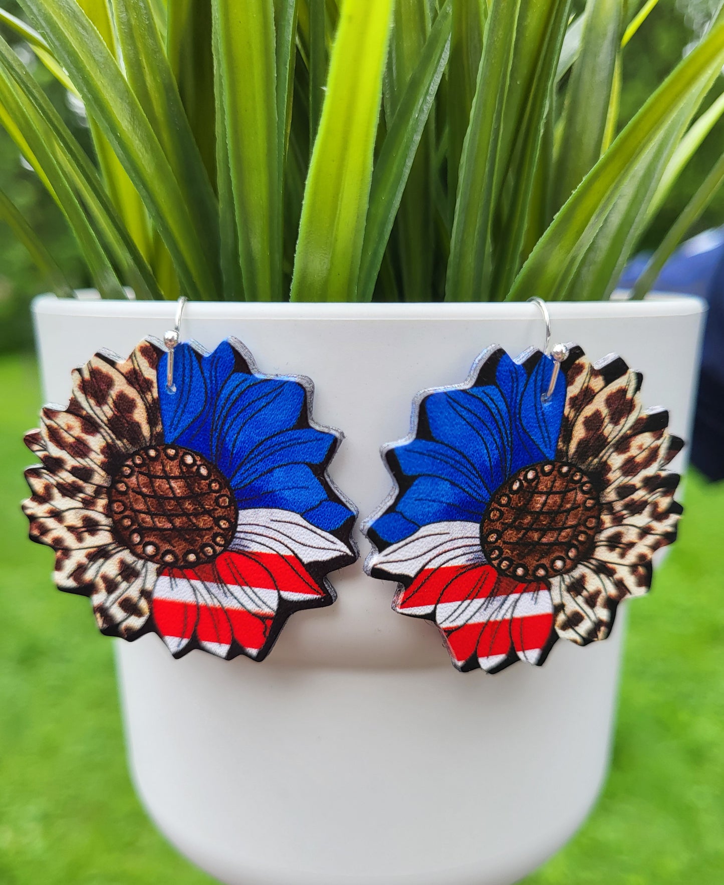 Patriotic Sunflower Earrings - Faux Leather