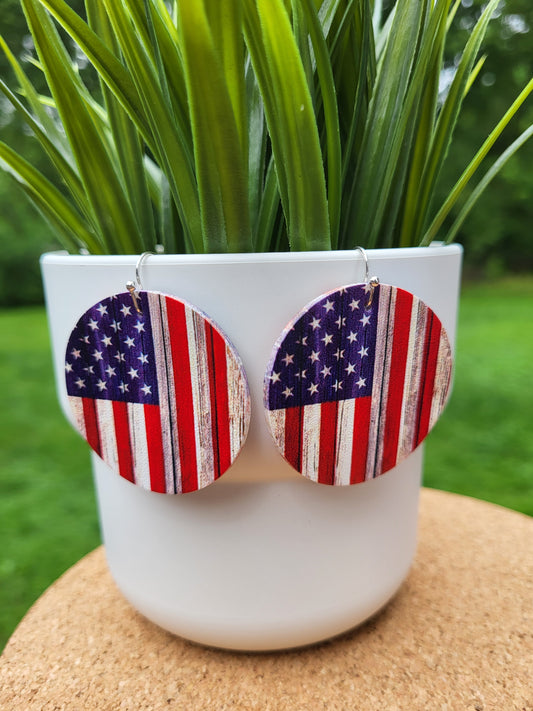 Round American Flag Earrings - Faux Leather