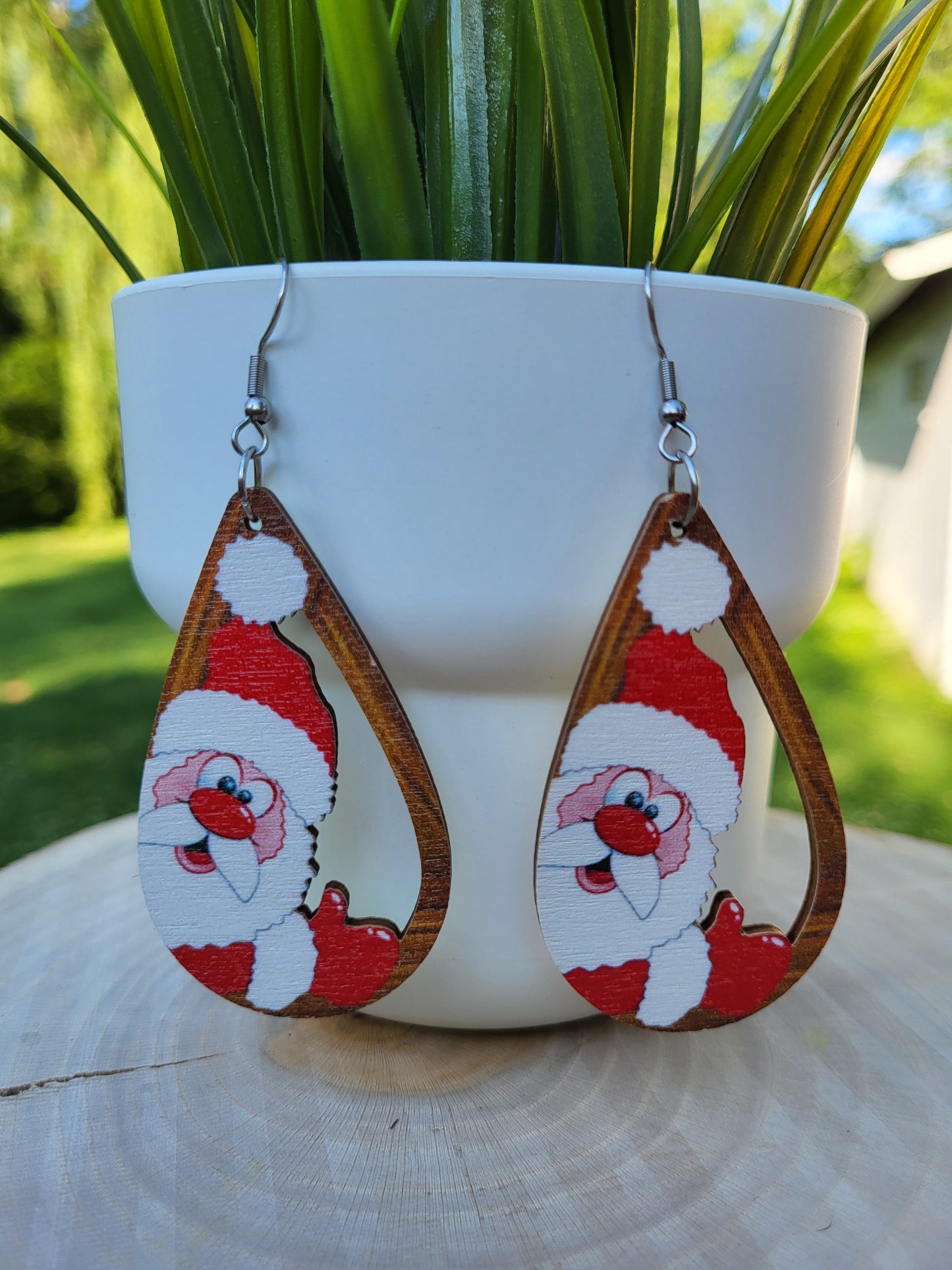 Wooden Santa Claus Drop Earrings