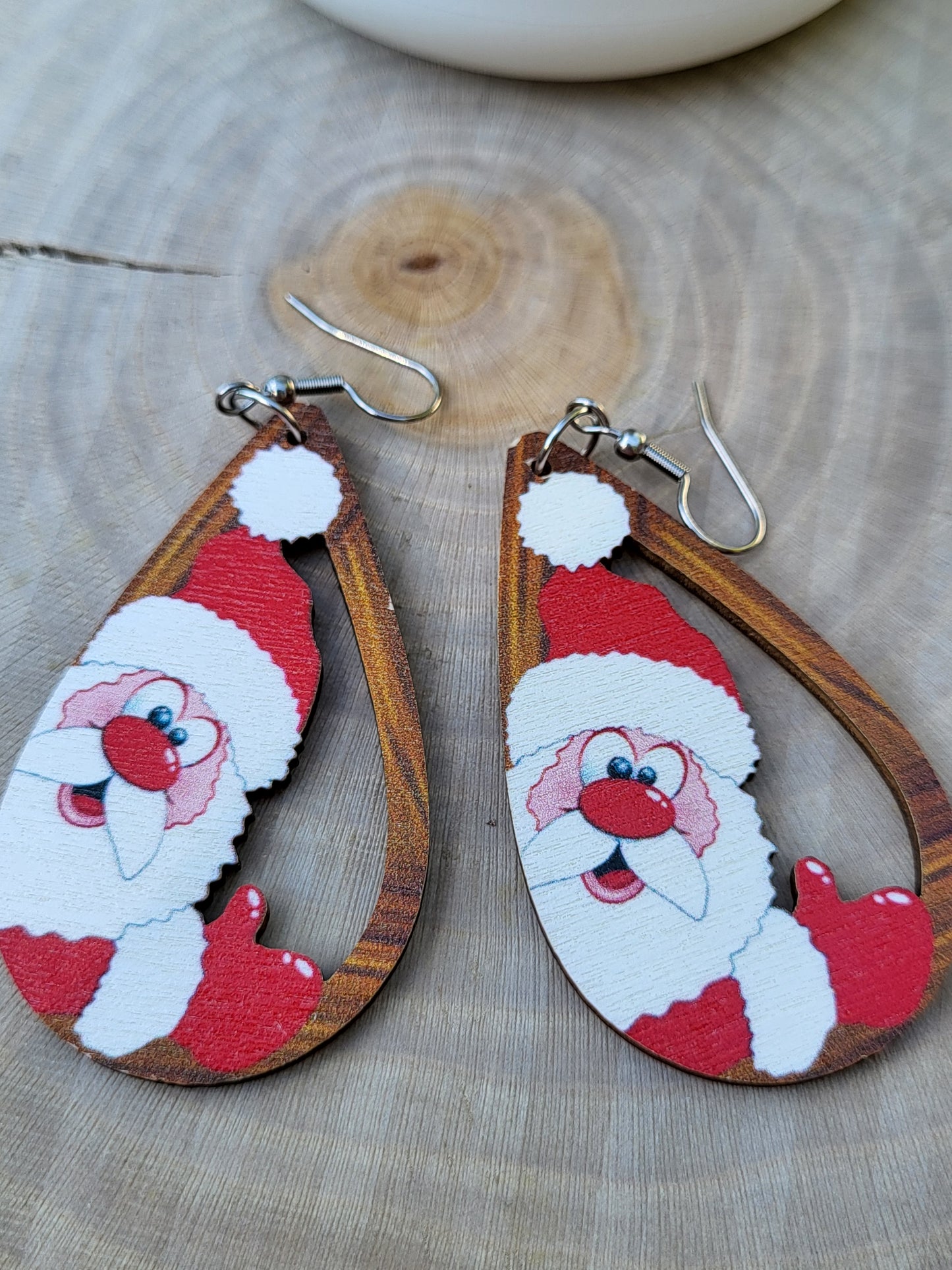 Wooden Santa Claus Drop Earrings