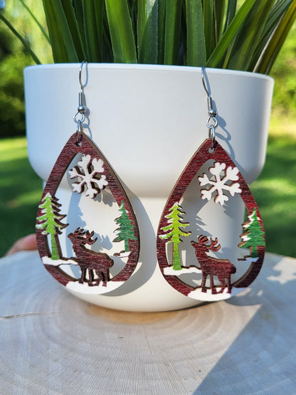 Wooden Christmas Reindeer Drop Earrings