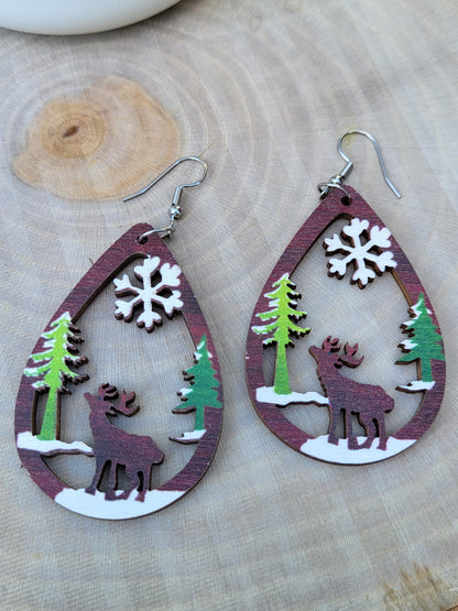 Wooden Christmas Reindeer Drop Earrings