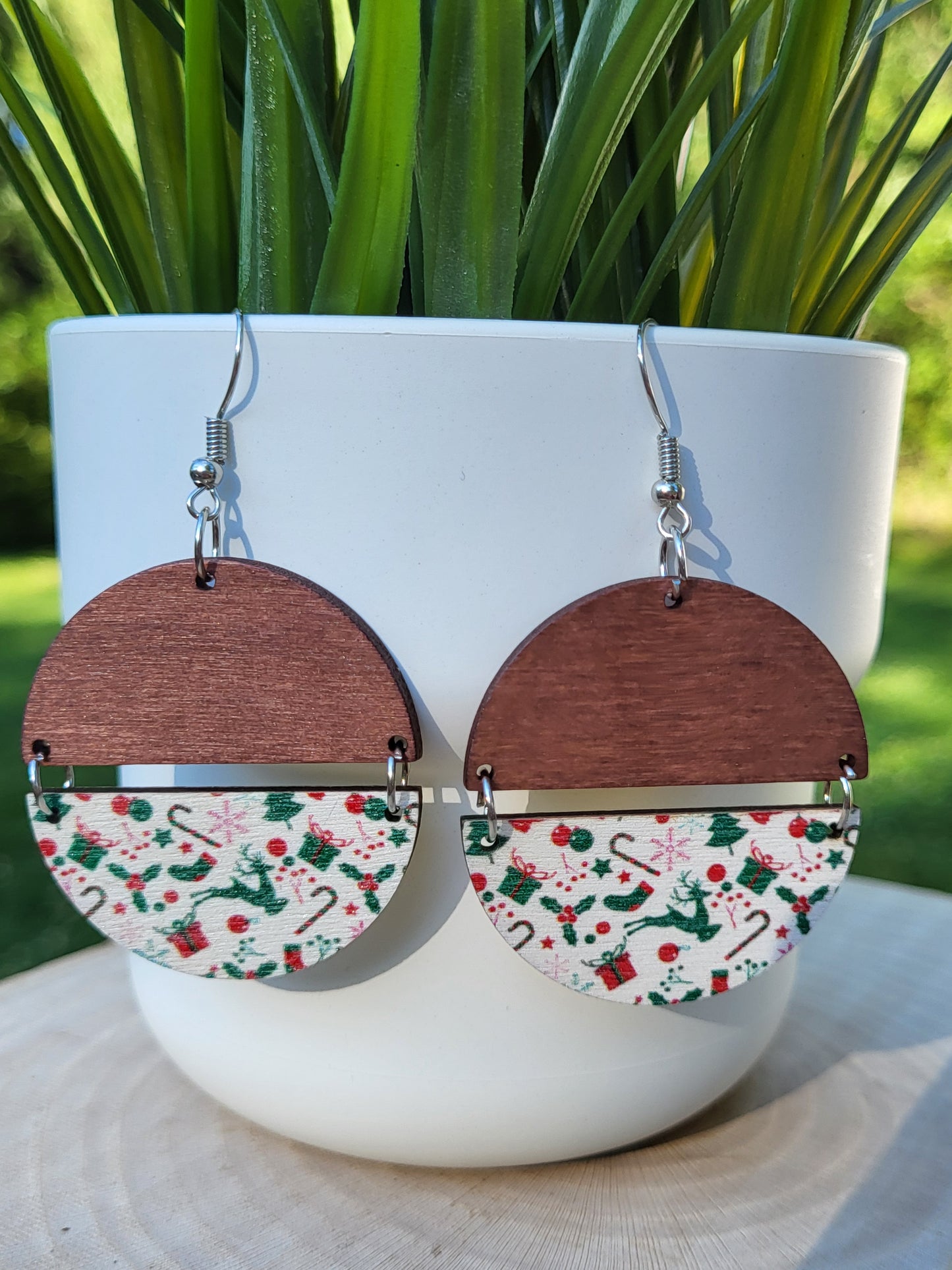 Split Wooden Christmas Holly Earrings