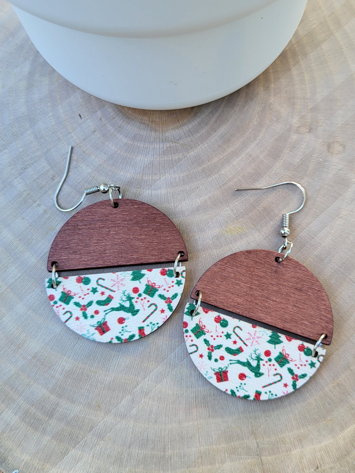 Split Wooden Christmas Holly Earrings