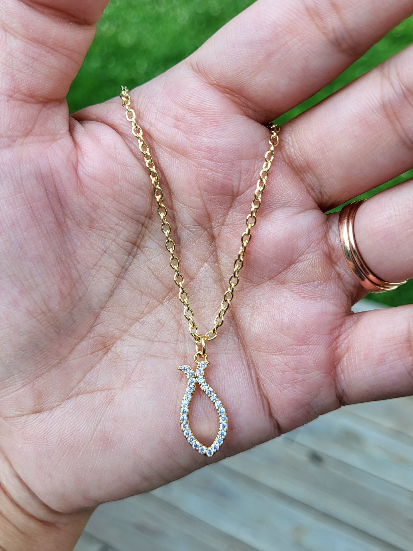 Gold Ichthys Necklace with Stones