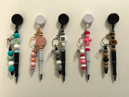 Silicone Beaded Retractable Pen & Badge Clip Set